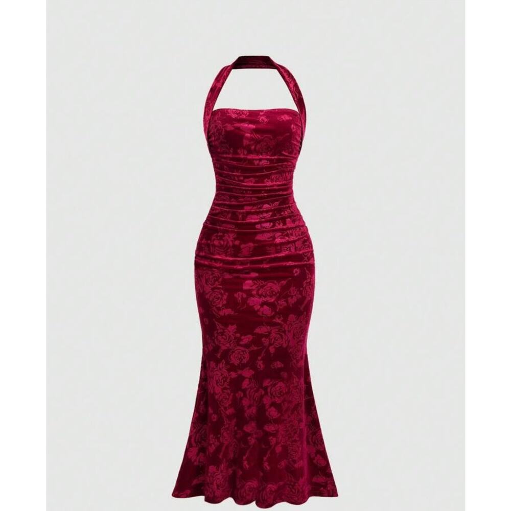 Holiday Party Velvet Slit Hem Halter Neck Party Maxi Dress Burgundy XS Vamp